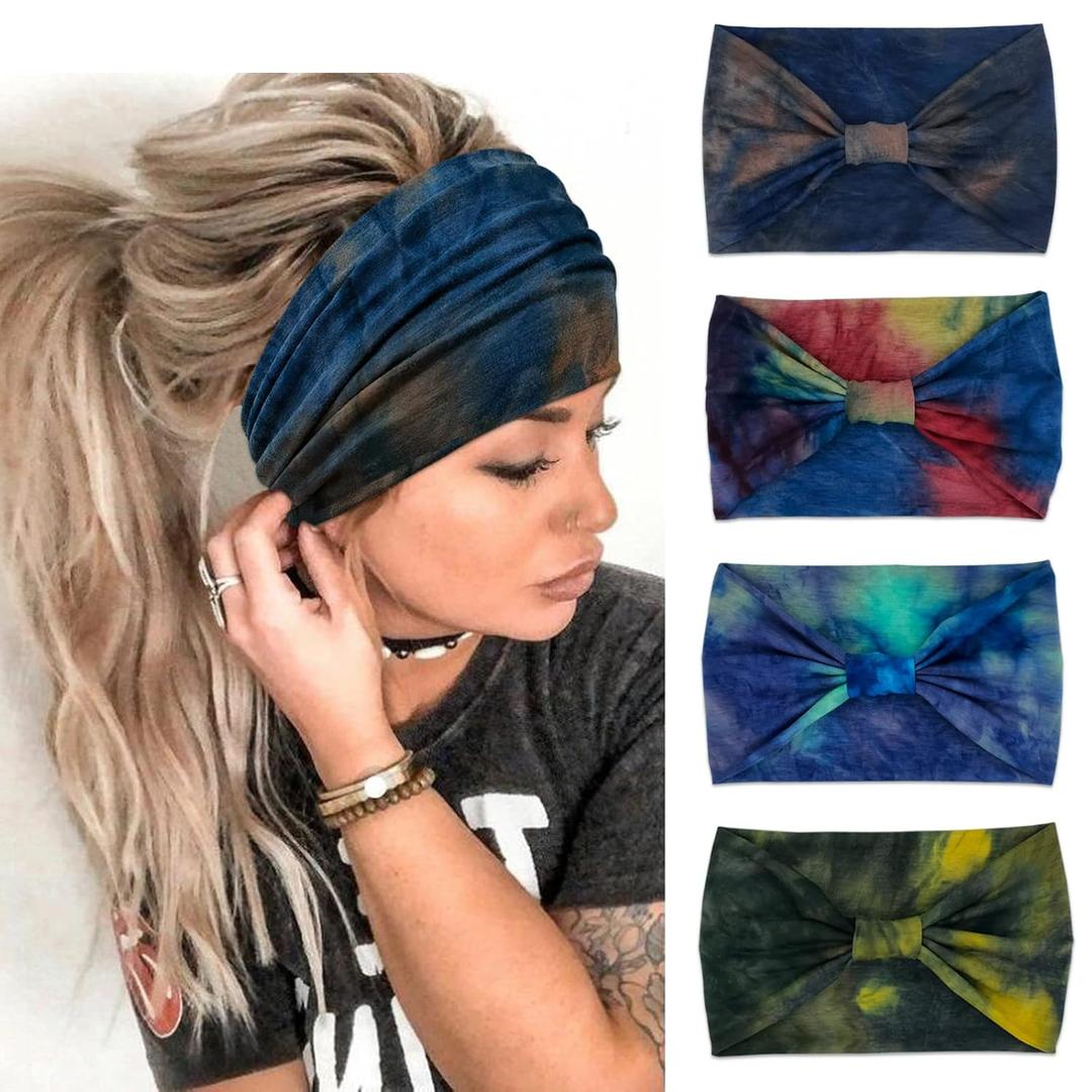 Wide Boho Headbands for Women Fashion Knotted Headband Yoga Workout Hair Accessories African Head Wrap Blue Tie Dye 4 Pack
