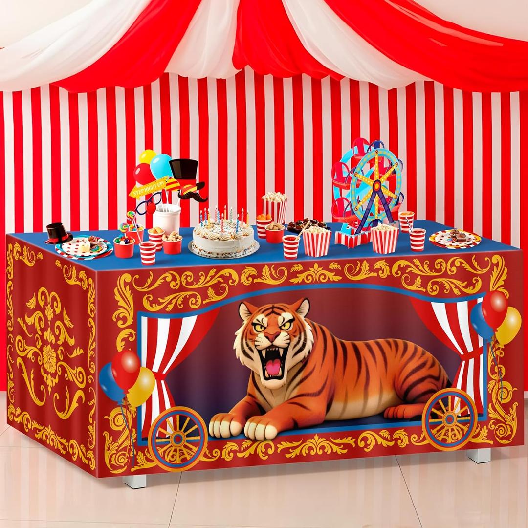 Tieshankao 6FT Circus Party Tablecloth Decorations: Carnival Theme Tiger Table Cover Red Blue and Yellow Decor for Home Birthday Party Supplies