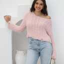 2025 Fall Cropped Sweater for Women Off The Shoulder Pullover Fluffy Knit Fashion Crop Top Holes Design (Pink, L)