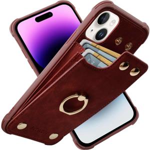 Wallet Case Compatible for iPhone 15 Plus/14 Plus with Credit Card Holder,Shockproof Protective Phone Cover 6.7 inch Supports 360Rotation Ring Stand and RFID Blocking,Burgundy