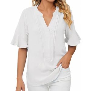 Womens Business Casual Tops Summer V Neck 3/4 Ruffle Sleeve T Shirts Dressy Casual Tunic Blouse, M, White