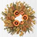 Fall Wreaths for Front Door 24 Inch Thanksgiving Autumn Wreath with Artificial Pumpkin Eucalyptus Sunflower Leaves Harvest Halloween Decorations Porch Farmhouse Outdoor Indoor Home Hanging Decor (Orange)