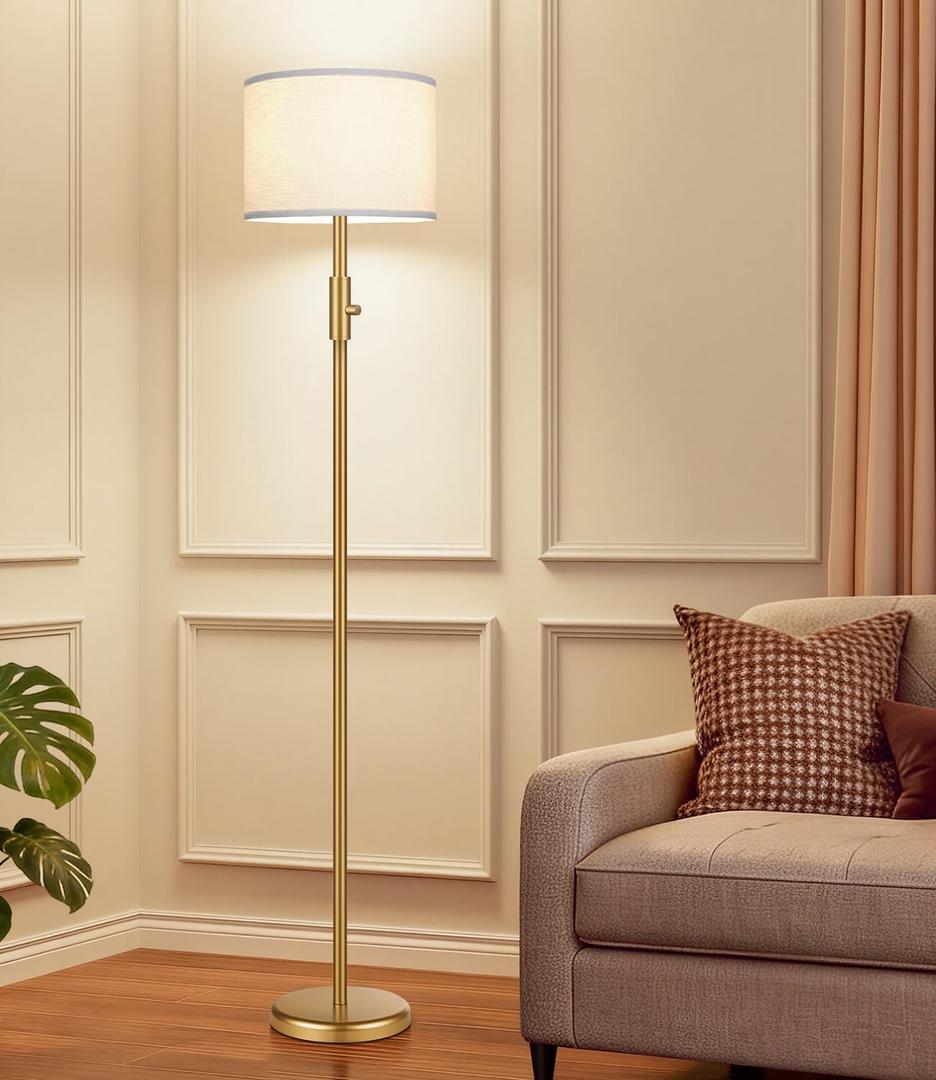 Upgraded Dimmable Gold Floor Lamps for Living Room, 9W LED Bulb Included, Modern Standing Lamp with White Lamp Shade, Tall Pole Light for Bedroom Reading Office Corner Nursery