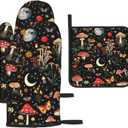 Cute Mushroom Oven Mitts and Pot Holders Sets of 3, Heat Resistant Black Hot Pads Oven Gloves with Hanging Loop for Cooking Grilling Baking, Boho Kitchen Decor, Witchy Gifts for Women Mushroom Lovers