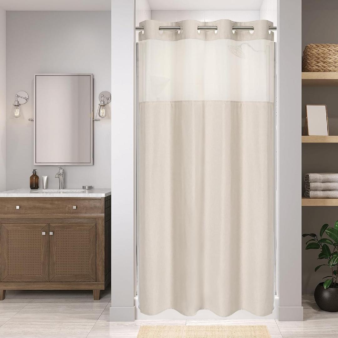 eachope Stall No Hooks Needed Linen Textured Shower Curtain with Snap-in Fabric Liner Set,Hotel Luxury Decor Shower Curtains for Bathroom,Waterproof & Washable,54Wx80H,Cream