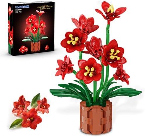 PLAXSOON Amaryllis Flowers Bonsai Building Set, Mother's Day Botanical Collection Building Block, Artificial Plant Kit Home Decor, 503 PCS Flower Bouquet Bonsai for Her Adults Kids Boys Girls 12+