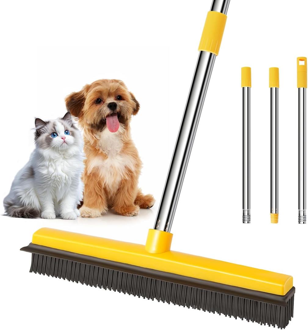 Rubber Broom for Pet Hair Removal, Carpet rake with Squeegee for Cleaning Pet Hair, 52 inch Long Handle Rubber Broom,Dual-Sided for Small Fluff Carpet, Hardwood Floor, Tile,Orange