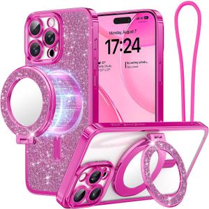 Meifigno Magnetic Case with Removable Phone Ring Stand for iPhone 16 Pro, [Glitter Card & Wrist Strap] [MagSafe Compatible] [Built in Mirror] Magnetic Phone Ring Holder + 16 Pro Case Kit, Hot Pink