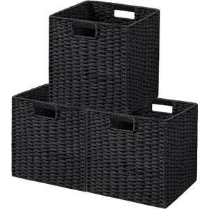 UBBCARE 3 Pack Wicker Basket, 11L×11H×10.5W inch Woven Paper Rope Storage Baskets for shelves, Foldable Cube Storage bin with Handle, Storage Basket for Organizing & Decor, Black