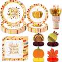 HOMDAILY 196 PCS Thanksgiving Plates and Napkins Dinnerware Sets, Thanksgiving Paper Disposable Plates for 24 Guests-Napkins, Cups, Tableware, 4 Honeycomb Centerpieces Table Decorations