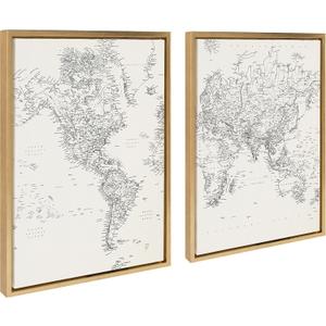Kate and Laurel Sylvie Black and White Modern Retro World Map Framed Canvas Wall Art Set by The Creative Bunch Studio, 2 Piece 18x24 Gold, Vintage Map Art for Wall