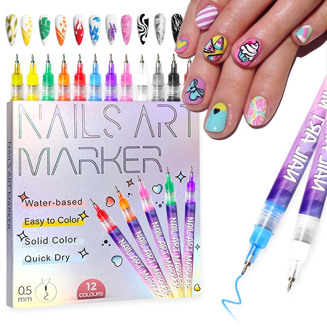 Nail Art Pens 0.5 mm Fine Tip Nail Art Markers Graffiti Dotting Nail Polish Pens 12 Colors Acrylic Paint Nail Art Pen Set for Women Girls DIY Nails Decoration Supplies
