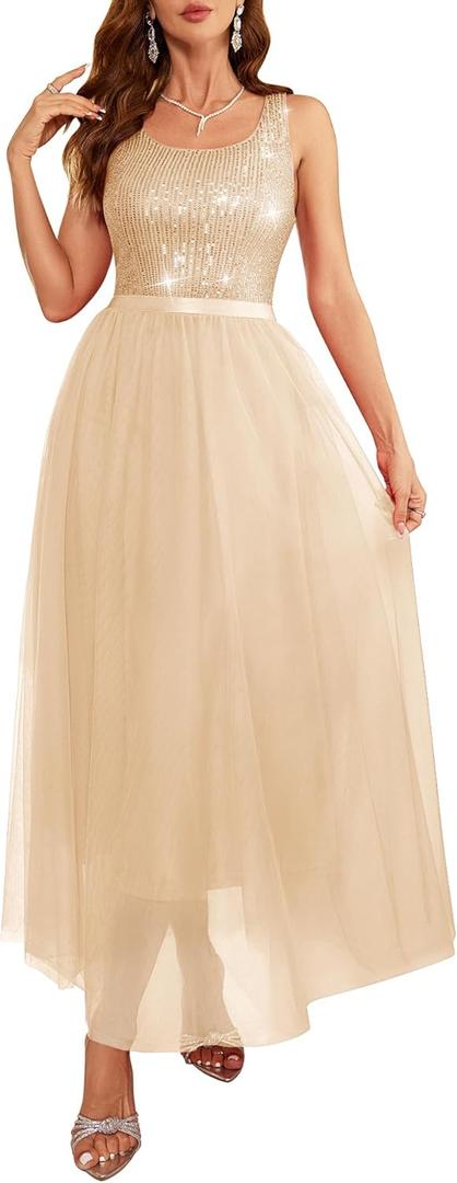 BeryLove Sequin Dress for Woman Vintage A Line Wedding Formal Swing Mesh Dress Sleeveless Cocktail Maxi Gowns, L