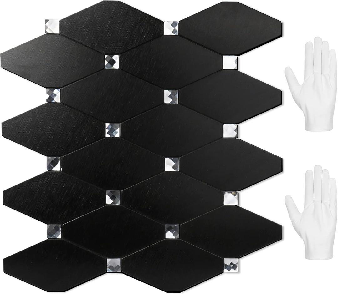 STICKGOO Peel and Stick Backsplash, 10 Sheets Kitchen Mosaic Tile Sticker, Black Brushed Aluminum Composite Panel, Stick on Backsplash for Kitchen, Countertop, Bathroom Vanity (Black Mixed Glass)