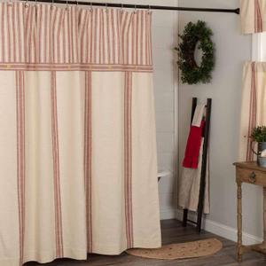 Piper Classics Market Place Red Grain Sack Stripe Shower Curtain, 72" x 72", w/Ticking Stripe Accent and Button Details, Farmhouse Style Bathroom