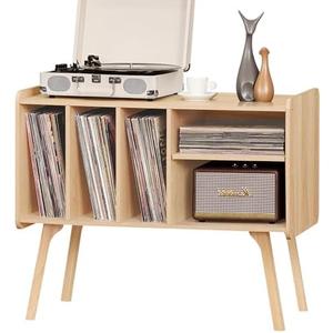 Lerliuo Record Player Stand with 4 Cabinet Holds Up to 220 Albums, Large Stand with Beech Wood Legs, Mid-Century Record Player Table, Burlywood Vinyl Holder Storage Shelf for Living Room