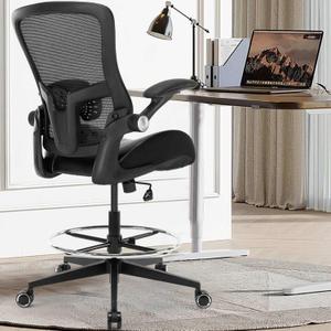 Drafting Chair, Tall Office Chair with PU Leather Seat, Standing Desk Chair Counter Height Office Chairs with 21.65'' Footrest Ring and Adjustable Lumbar Support Armrests Black
