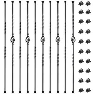 10 Pack Staircase Balusters, 1/2" x 43.8" Hollow Single Basket and Double Twist Iron Balusters for Staircase Indoor with 20 Swivel Shoes