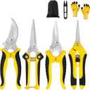 5 pack Garden Pruning Shears Stainless Steel Blades, Handheld Scissors Set with Gardening Gloves,Heavy Duty Garden Bypass Pruning Shears,Tree Trimmers Secateurs, Hand Pruner (Yellow and Black)