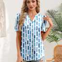 Zeagoo Women Blouses Puff Short Sleeve Tops V Neck Dressy Casual Spring Shirts Boho Floral Cute Clothes 2026 (Blue, S)