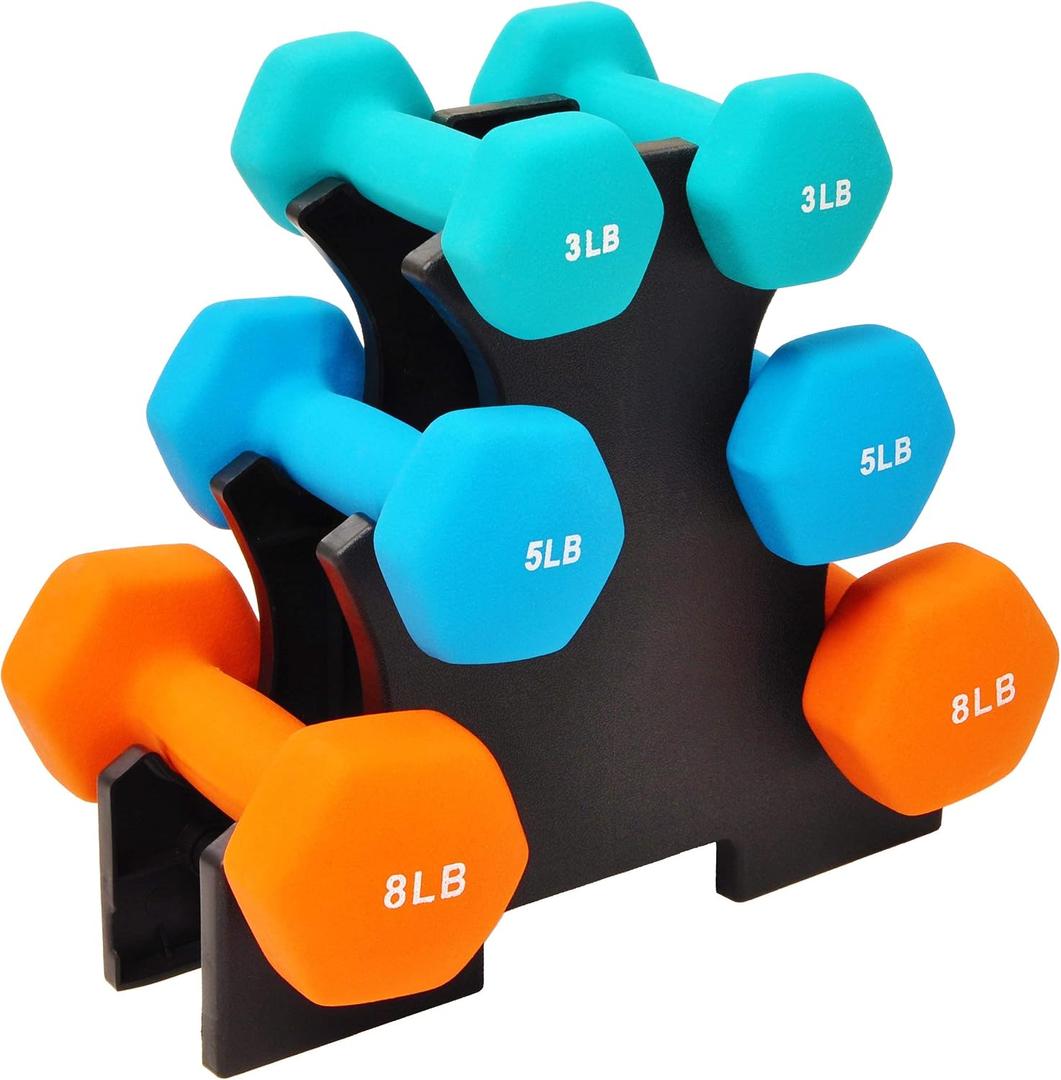 32LB Colored Neoprene Coated Dumbbell Set with Stand 3, 5, 8 lbs Pairs, Set of 6 with Rack