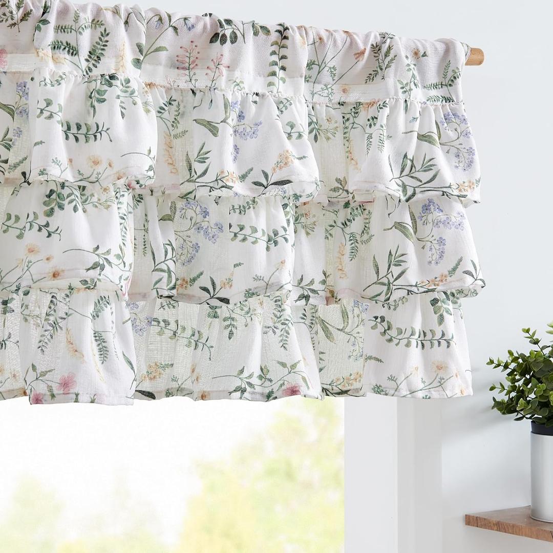 jinchan Ruffled Floral Valance Linen Shabby Chic Small Window Curtain 18 Inch Farmhouse Kitchen Valance for Bedroom Living Room Decor Cottagecore Rustic Window Treatments 1 Panel Green (Meadow Green on White)