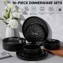 E-far 16-Piece Black Plates and Bowls Sets with Pasta Bowls - Stoneware Dinnerware Set for 4, Modern Ribbed Matte Black Kitchen Dishes, Microwave & Dishwasher Safe