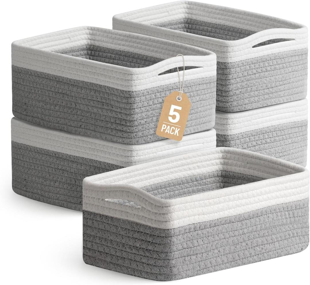 5 Pack Decorative Small Storage Baskets for Shelves, Cotton Rope Woven Basket for Organizing Bathroom, Nursery, Closet, Cabinet, Toys & Socks, Gift Baskets Empty, 11.8"x7.9"x4.7", Gray/White
