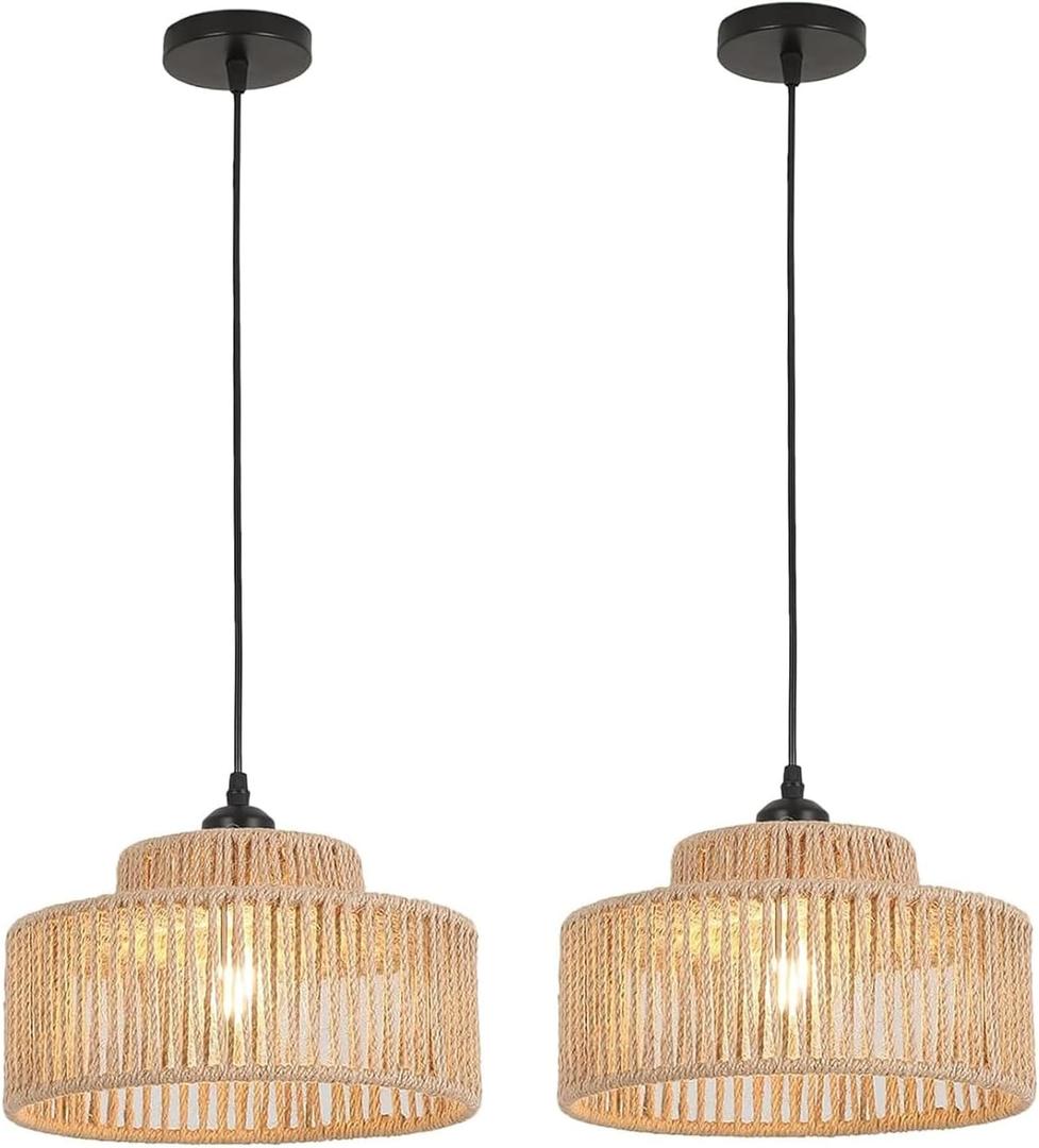 2 Pack Rattan Pendant Light,11 Inch Boho Kitchen Island light Fixtures,Handmade Woven Hanging Lamp,Small Wicker Chandelier,Basket Hanging Light for Bedroom Kitchen Living Room Restaurant Hallway Foyer
