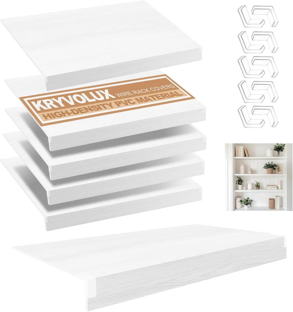 5 Pcs Wire Rack Covers 28x12x3 inch PVC Pantry Shelf Cover 0.31 inch Thick Removable Closet Wire Rack Shelf Covers,Decoration Kitchen Bathroom Office Shelving(White Birch Color,28x12x3inch)