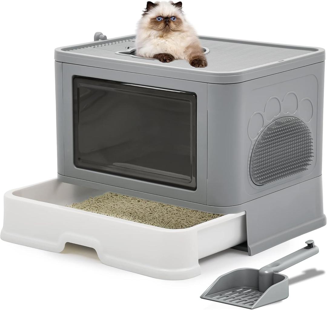 YITAHOME Large Enclosed Cat Litter Box with Lid Cover, Hooded Odorless Cat Toilet with Litter Scoop Cat Self Groomer Deodorizer Filter Front Entry Top Exit Door, Easy to Install and Clean 