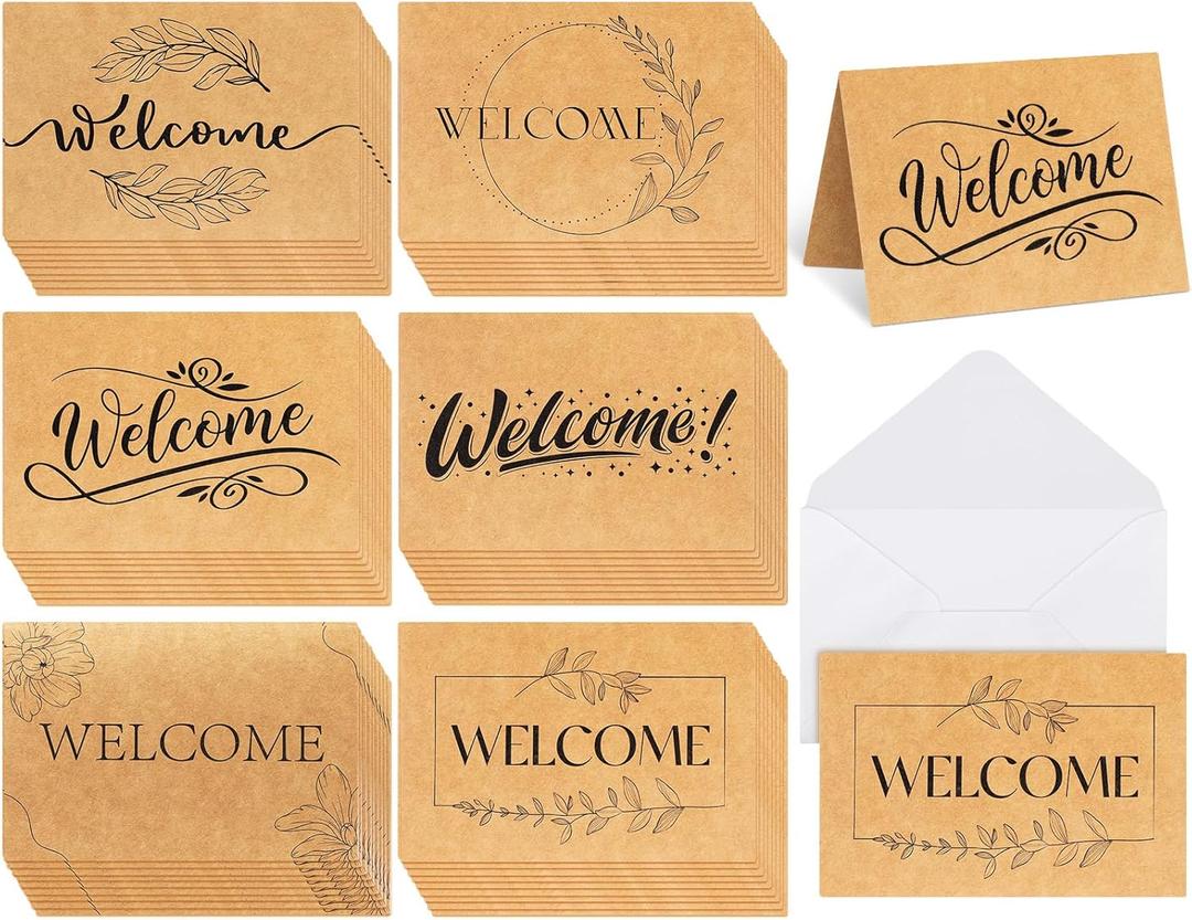 LemonSecret 54 Sets Welcome Cards for Guests with Envelopes 4 x 6 Inch Kraft Brown Rustic Blank Notecards & Envelopes Blank Floral Cards for Guests & Employees Wedding