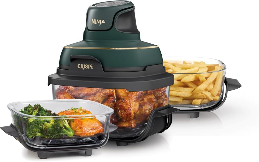 Ninja Crispi 5-in-1 Portable Glass Air Fryer, 4-QT, 2.5-QT & 6-Cup Glass Containers with Crisper Plates & Storage Lids, Microwave, Freezer & Dishwasher Safe, British Racing Green, FN103BF