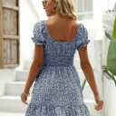 Heysolo Womens Boho Floral Smocked Square Neck Short Sleeve Ruffle Beach Summer Mini Dress (Blue)