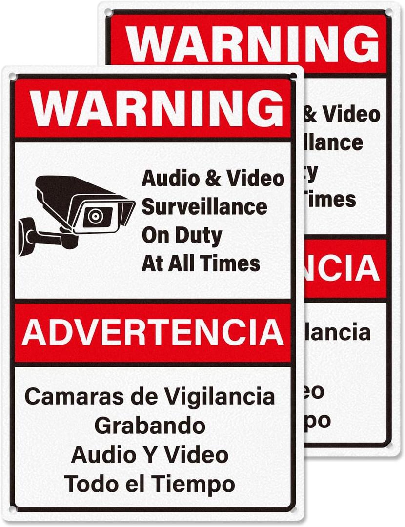 2 Pack Video Surveillance Signs Bilingual 12 8 Inches Rust Free Aluminum UV Protected Reflective Waterproof Sign with Pre-drilled Holes for Indoor Outdoor Use