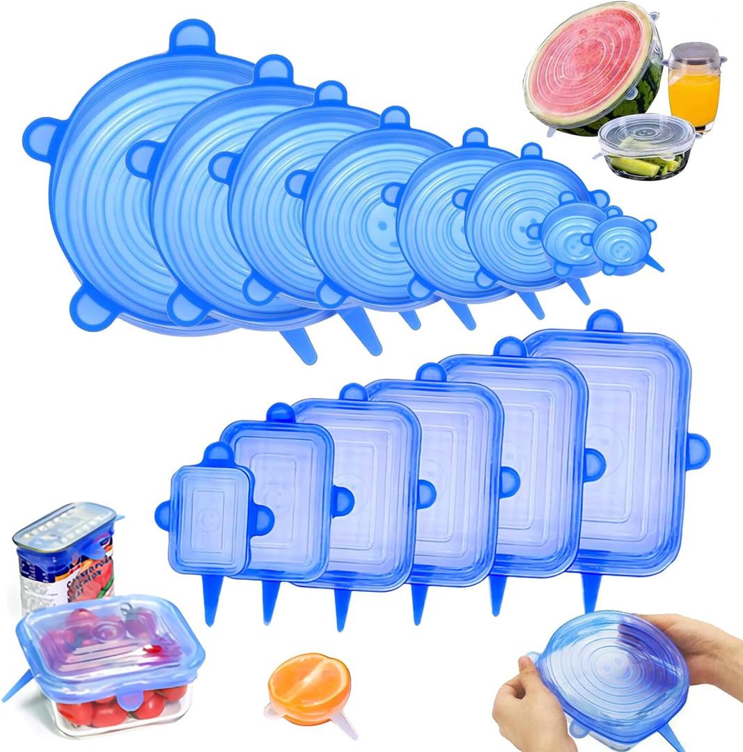 14 piece set circular square silicone dustproof and fresh-keeping cover, kitchen and household stretchable refrigerator microwave sealing and fresh-keeping film (blue)