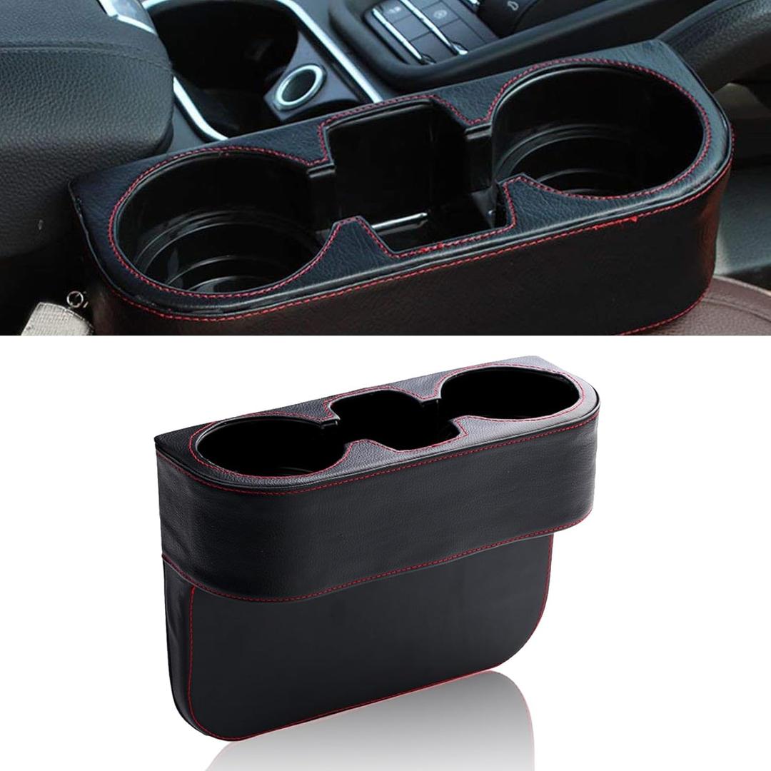 Car Cup Holder, PU Leather Auto Front Seat Organizer, Multifunctional Cup Drink Holders, Gap Filler Storage Box Coin Bucket Console Side Pocket Cell Mobile Phone Holder (Black)