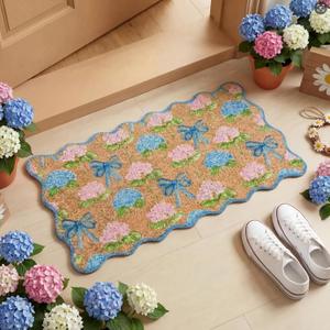 Dunzy Hydrangea Doormat Blue Scalloped Hydrangea Bow Coir Door Mat Spring Indoor Outdoor Front Non-Slip Welcome Mat Decorative Rug for Home Entrance Porch