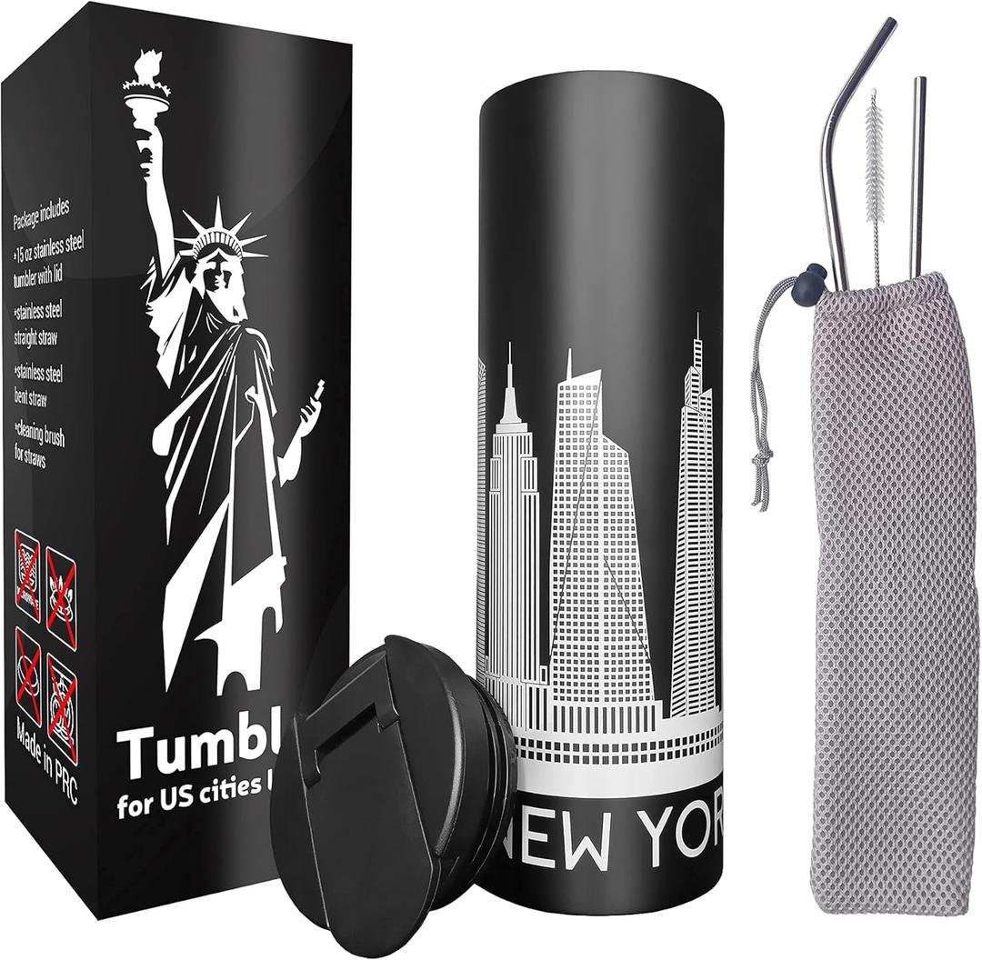Vacuum Insulated Tumbler with Straw and Flip Lid Stainless Steel Water Bottle Iced Coffee Travel Mug Cup 15oz Gift Box Skyline Map (New York)
