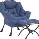 Lazy Chair and Ottoman, Large Accent Lounge Chair with Armrests and a Side Pocket, Modern Leisure Upholstered Sofa Reading Armchair with Footrest for Bedroom, Living Room, Dorm Rooms, Office (Blue)