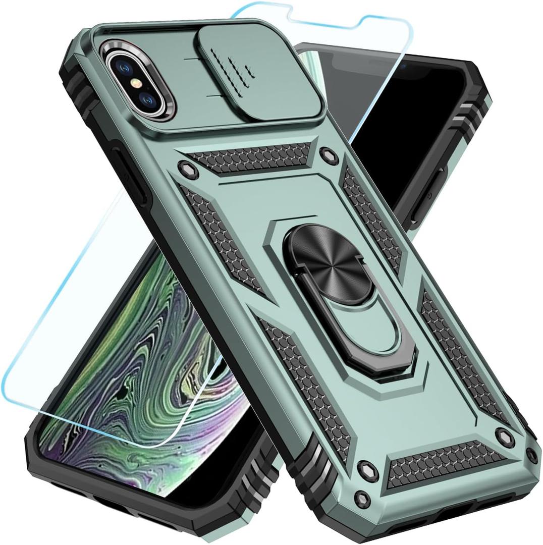 SunStory Compatible with iPhone X/XS Case with HD Screen Protector & Slide Camera Cover & Rotated Ring Kickstand, [Military-Grade] Phone Case iPhone X/XS (Green)