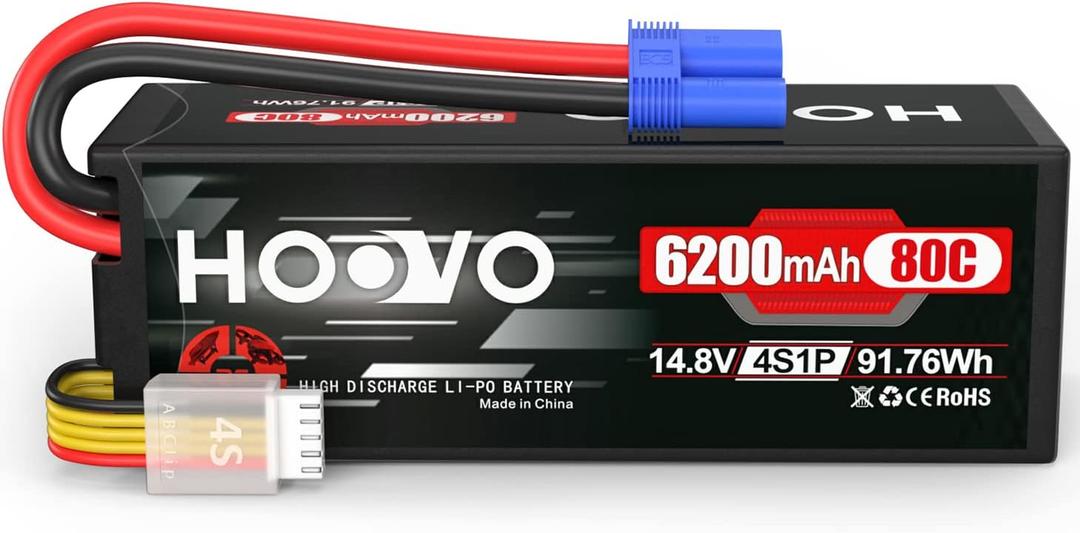 HOOVO 4S 14.8V 80C 6200mAh RC Lipo Battery Hard Case with EC5 Connector for FPV UAV Drone RC Quadcopter Helicopter Airplane Racing (1 Pack)