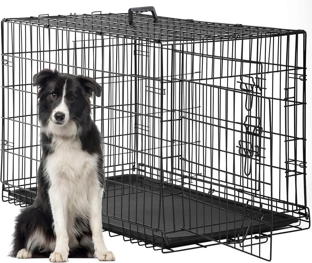 FDW Dog Crate for Large Dogs 48 Inch Folding Metal WirePet Cage Double Door W/Divider Panel Indoor Outdoor Kennel Leak-Proof Plastic Tray,Black (48 Inch, Black)