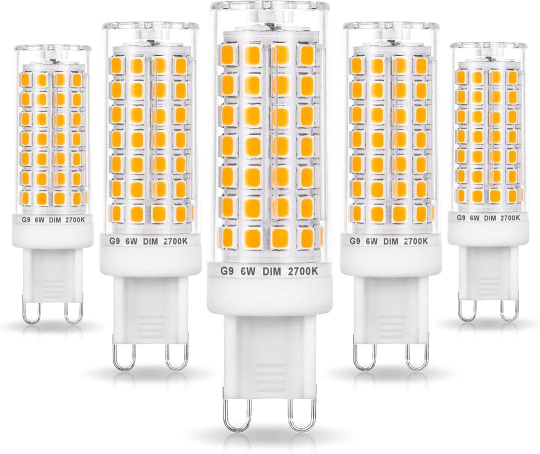 No Flicker G9 Led Bulbs Dimmable 6W Soft Warm White 2700K,40W 50W 60W Halogen Equivalent,AC120V Dimmable G9 T4 LED Bulb for Chandelier Pendant Ceiling Wall Light,600LM,360Deg(5Pack)