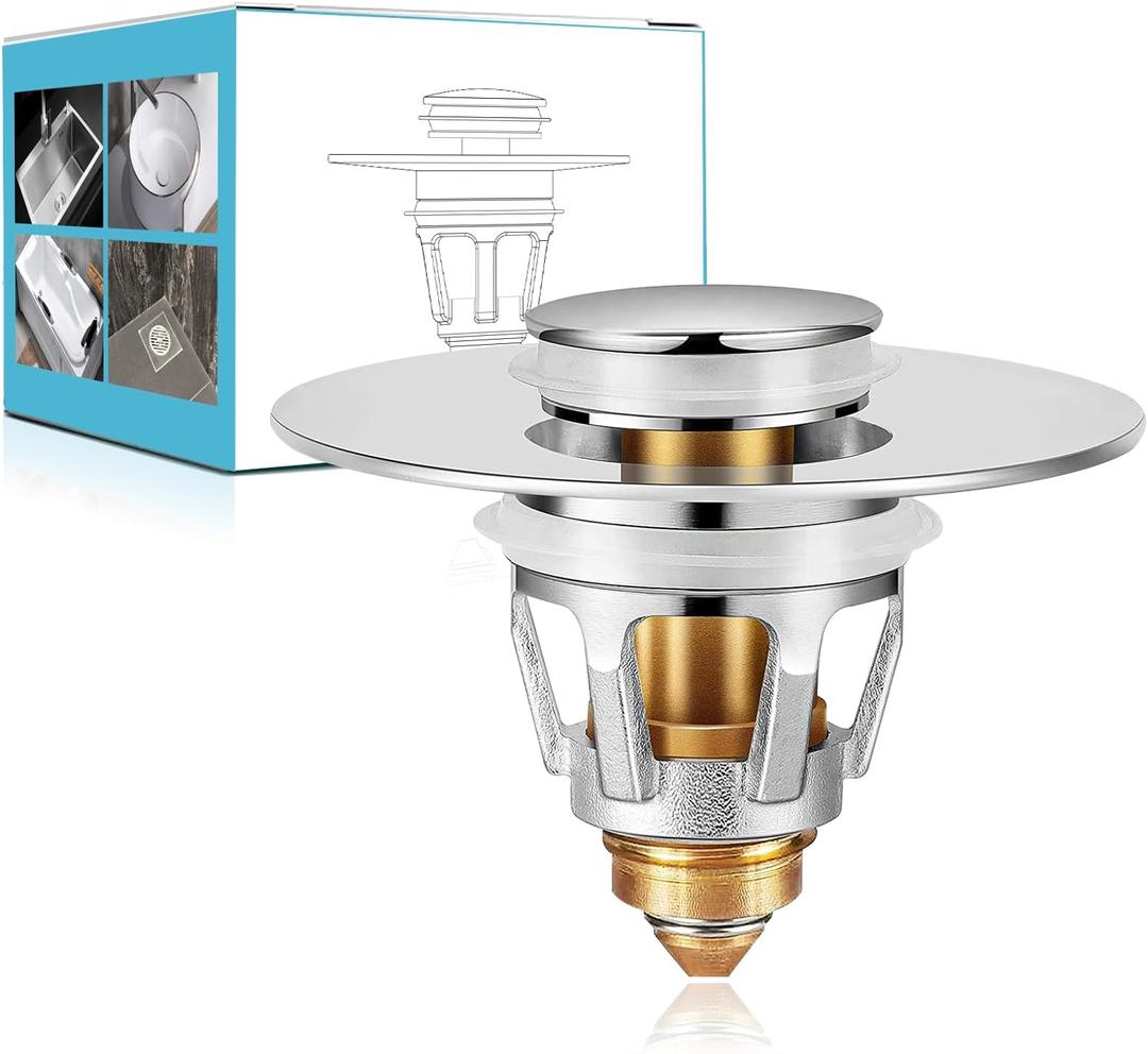 3 x Universal Sink Stopper with Hair Catcher, Faster Drainage, Bathroom Sink Drain Strainer in Brass, Pop Up Drain Cover, Basin Plug for 1.04~1.97 Inch Drain Hole