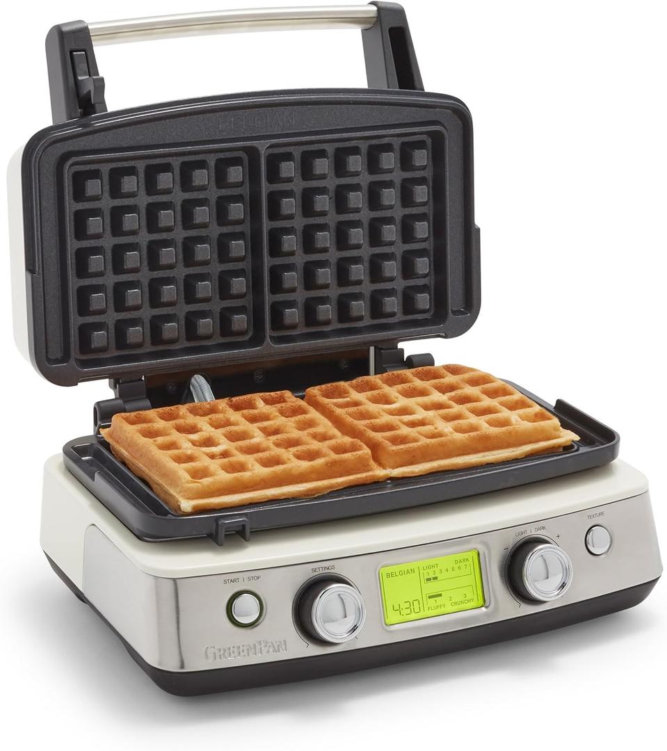 GreenPan Elite 2-Square Belgian & Classic Waffle Iron, Healthy Ceramic Nonstick Aluminum Dishwasher Safe Plates, Adjustable Shade/Crunch Control, Wont Overflow, Easy Cleanup Breakfast, PFAS-Free,White