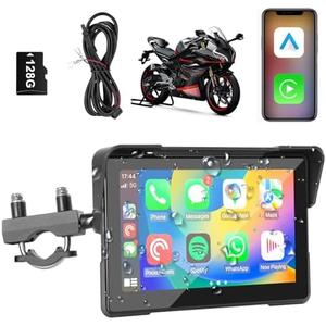 7” HD IPS Touchscreen Wireless Motorcycle CarPlay GPS Display,Bluetooth Navigation System for Motorbikes, IP67 Waterproof Carplay,128GB SD Card Included