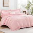 Andency Pink Ruffle Duvet Cover Queen(90x90Inch), 3 Pieces Soft Blush Washed Polyester Vintage Shabby Chic Farmhouse Ruffled Duvet Cover Set with Zipper Closure & Corner Ties (09-solid-pink)