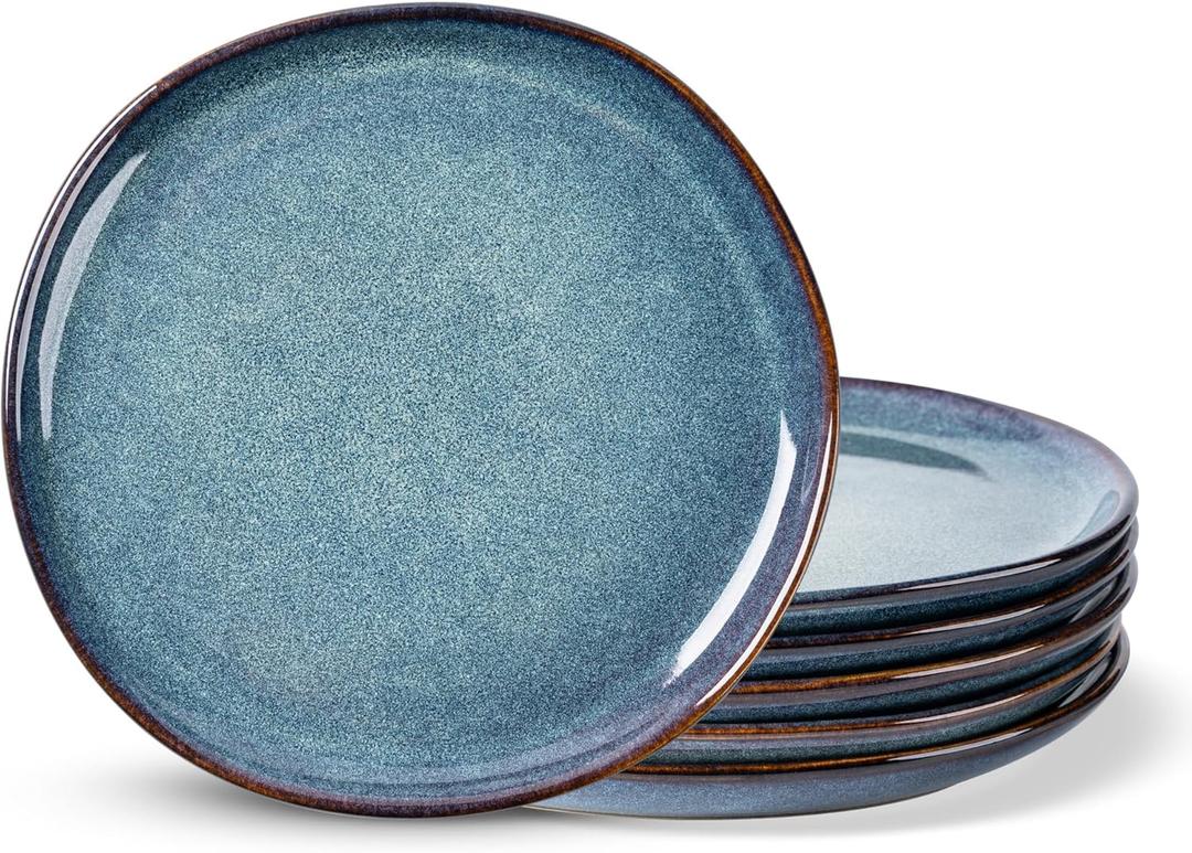 AmorArc Ceramic Dinner Plates Set of 6, 10.5 Inch Handmade Reactive Glaze Stoneware Plates, Rustic Shape Dinnerware Dish Set for Kitchen, Microwave & Dishwasher Safe, Scratch Resistant (Ceylon Blue)
