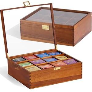 HouseJoy Tea Bag Organizer, Acacia Wood Tea Storage Box, 12 Compartments Tea Bags Storage Drawer with Clear Glass Window, Tea Bag Holder for Countertop Kitchen Cabinet Pantry - Keeps Tea Bags Fresh